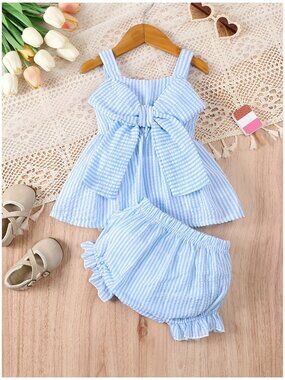 2pcs Bubble Strap Set Top with Bow Decoration and Shorts Great for Outdoors